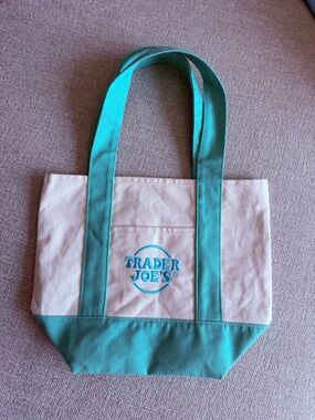 Trader Joe's mini Canvas pastel viral trending Tote in Turquoise and White